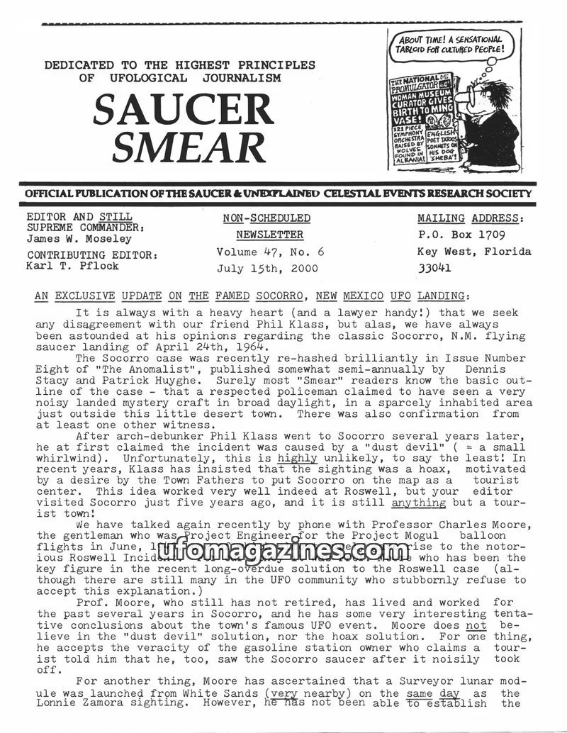 Cover of SAUCER & UNEXPLAINED CELESTIAL EVENTS RESEARCH SOCIETY issue Volume 47, No. 6: SAUCER SMEAR