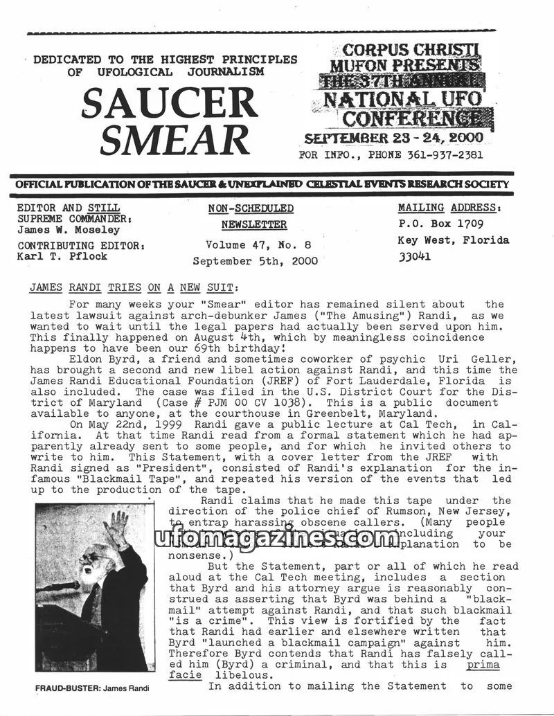 Cover of SAUCER & UNEXPLAINED CELESTIAL EVENTS RESEARCH SOCIETY issue Volume 47, No. 8: SAUCER SMEAR