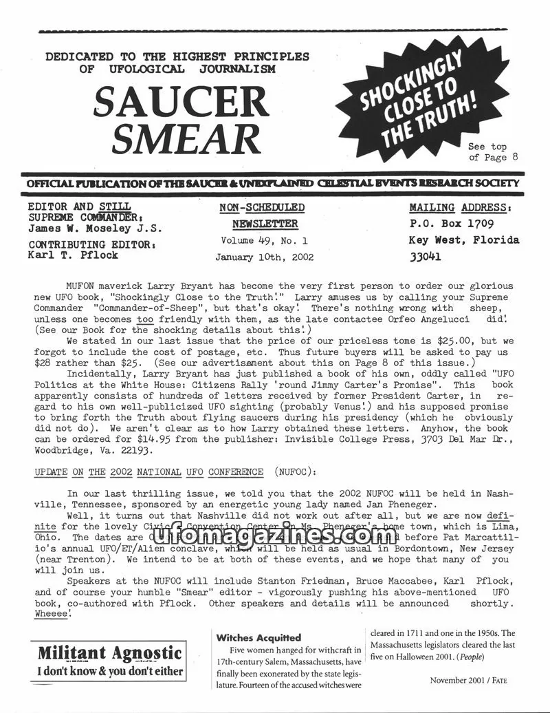 Cover of SAUCER & UNEXPLAINED CELESTIAL EVENTS RESEARCH SOCIETY issue Volume 49, No. 1: SAUCER SMEAR