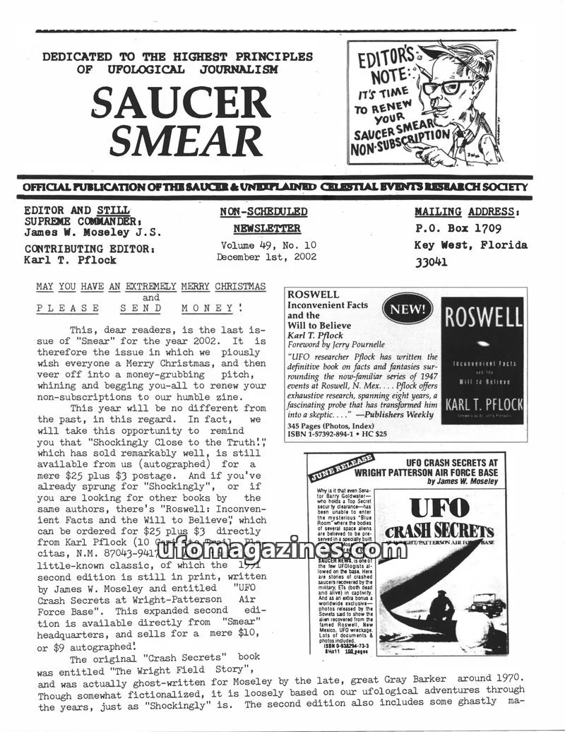 Cover of SAUCER & UNEXPLAINED CELESTIAL EVENTS RESEARCH SOCIETY issue Volume 49, No. 10: SAUCER SMEAR