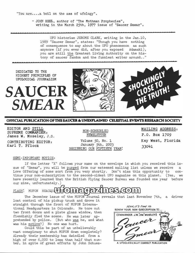 Cover of The Saucer & Unexplained Celestial Events Research Society issue Volume 50, No. 1: Saucer Smear
