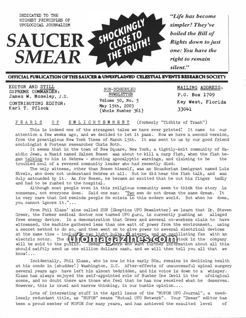 Cover of SAUCER & UNEXPLAINED CELESTIAL EVENTS RESEARCH SOCIETY issue Volume 50, No. 5: SAUCER SMEAR
