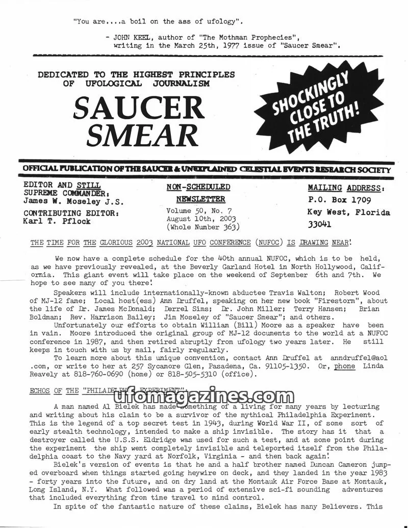 Cover of OFFICIAL PUBLICATION OF THE SAUCER & UNEXPLAINED CELESTIAL EVENTS RESEARCH SOCIETY issue Volume 50, No. 7: SAUCER SMEAR