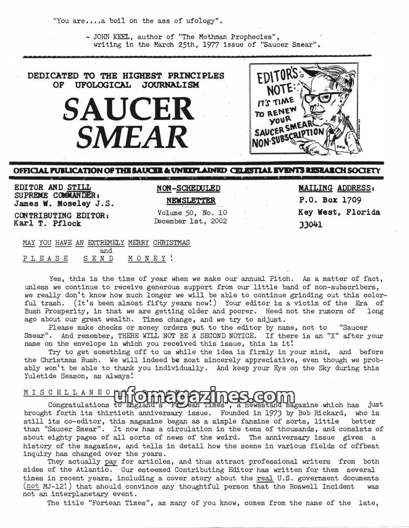 Cover of SAUCER & UNEXPLAINED CELESTIAL EVENTS RESEARCH SOCIETY issue Volume 50, No. 10: SAUCER SMEAR