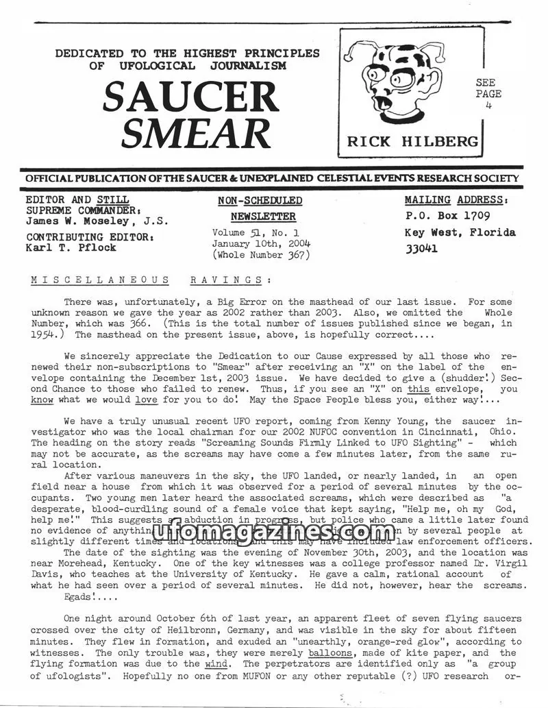 Cover of SAUCER & UNEXPLAINED CELESTIAL EVENTS RESEARCH SOCIETY issue Volume 51, No. 1: SAUCER SMEAR