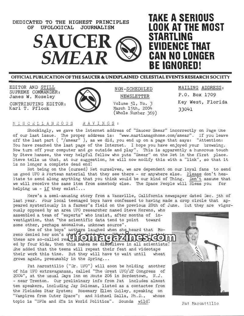 Cover of SAUCER & UNEXPLAINED CELESTIAL EVENTS RESEARCH SOCIETY issue Volume 51, No. 3: SAUCER SMEAR