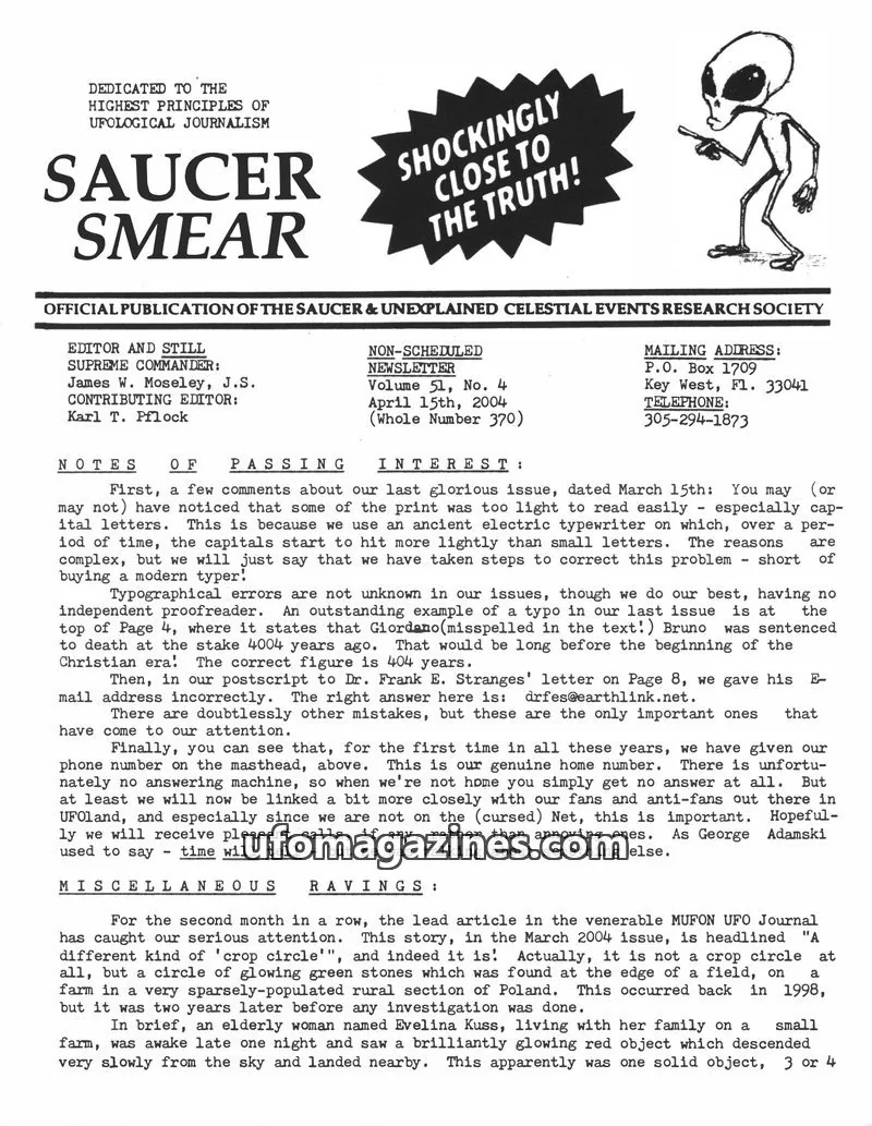 Cover of SAUCER & UNEXPLAINED CELESTIAL EVENTS RESEARCH SOCIETY issue Volume 51, No. 4: SAUCER SMEAR