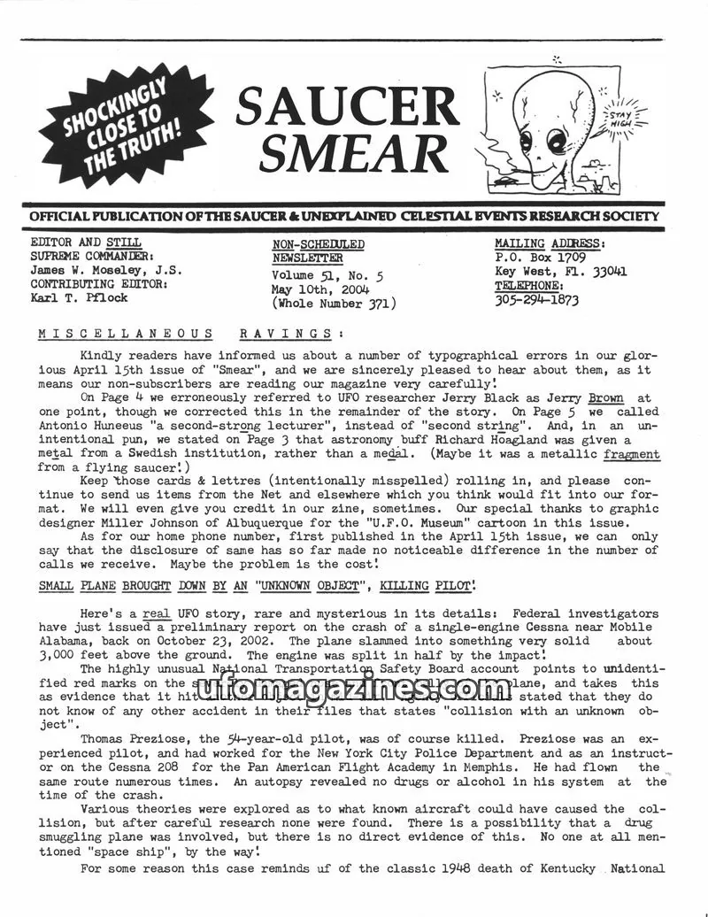 Cover of OFFICIAL PUBLICATION OF THE SAUCER & UNEXPLAINED CELESTIAL EVENTS RESEARCH SOCIETY issue Volume 51, No. 5 (Whole Number 371): SAUCER SMEAR
