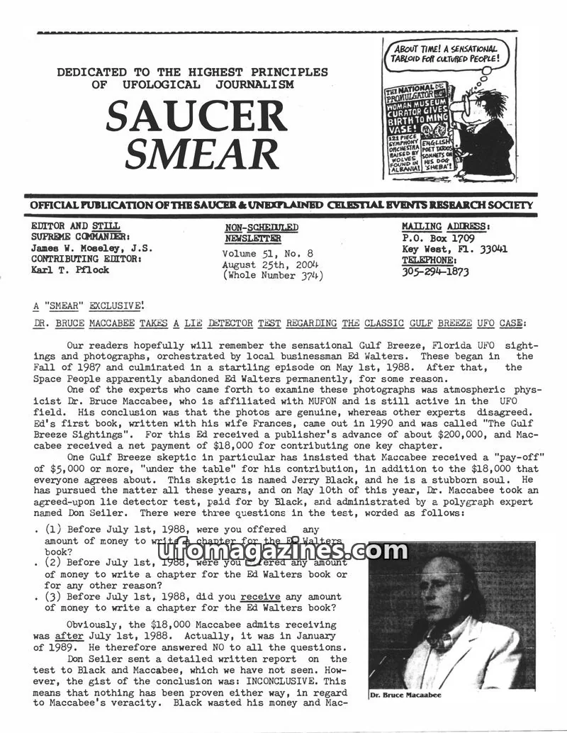 Cover of SAUCER & UNEXPLAINED CELESTIAL EVENTS RESEARCH SOCIETY issue Volume 51, No. 8: SAUCER SMEAR