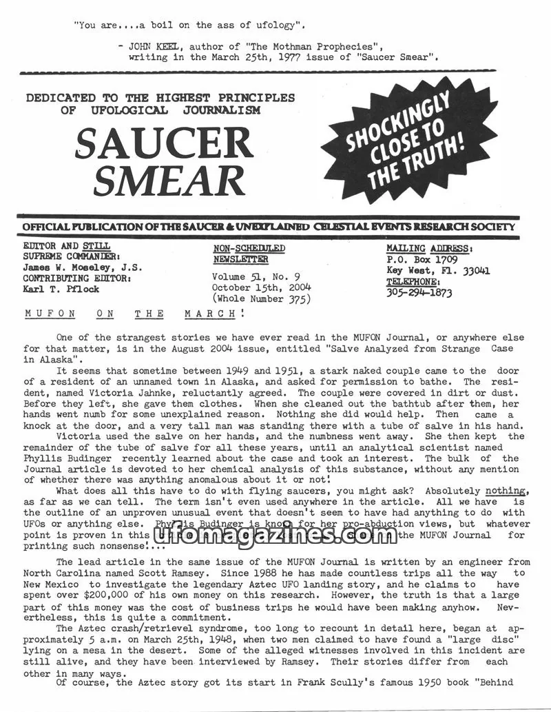 Cover of OFFICIAL PUBLICATION OF THE SAUCER & UNEXPLAINED CELESTIAL EVENTS RESEARCH SOCIETY issue Volume 51, No. 9 (Whole Number 375): SAUCER SMEAR