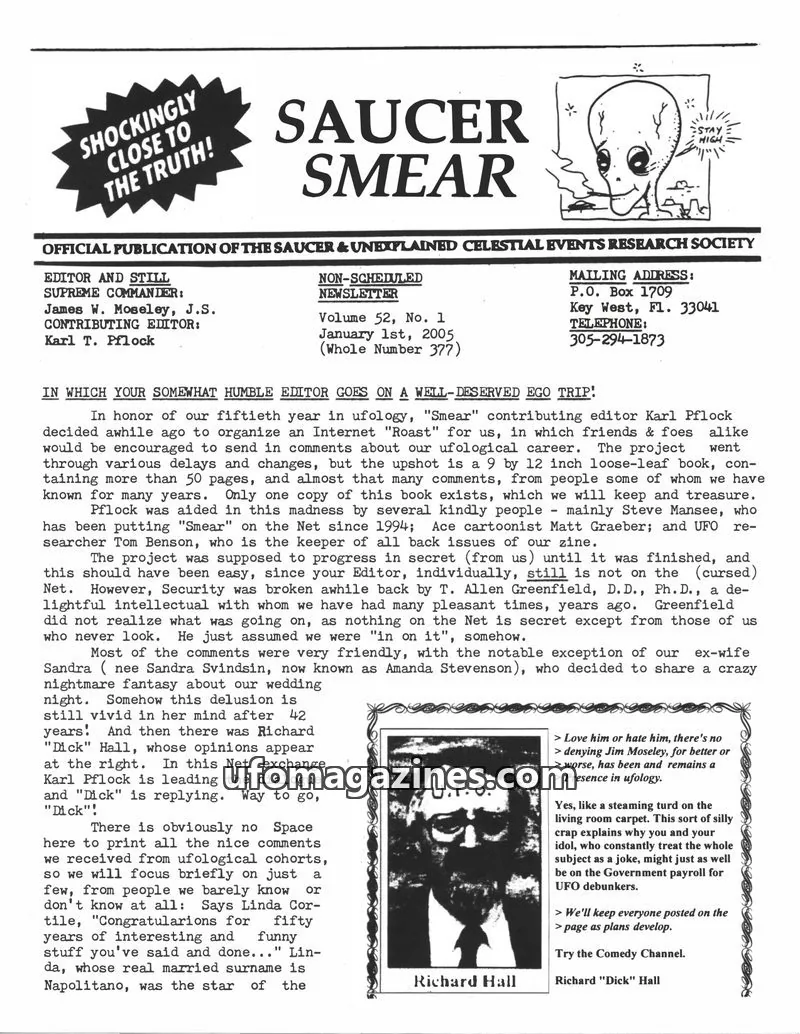 Cover of SAUCER & UNEXPLAINED CELESTIAL EVENTS RESEARCH SOCIETY issue Volume 52, No. 1: SAUCER SMEAR