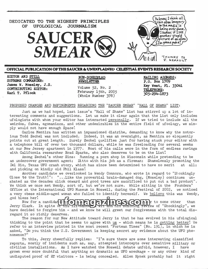 Cover of SAUCER & UNEXPLAINED CELESTIAL EVENTS RESEARCH SOCIETY issue Volume 52, No. 2: SAUCER SMEAR