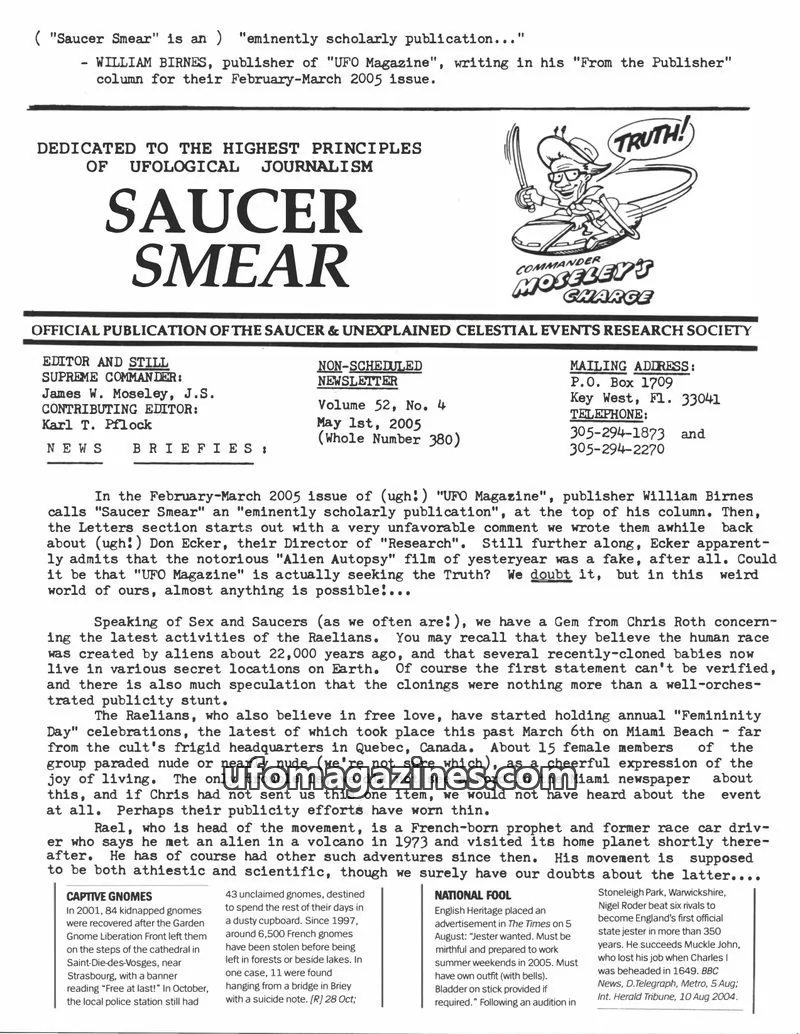 Cover of OFFICIAL PUBLICATION OF THE SAUCER & UNEXPLAINED CELESTIAL EVENTS RESEARCH SOCIETY issue Volume 52, No. 4 (Whole Number 380): SAUCER SMEAR