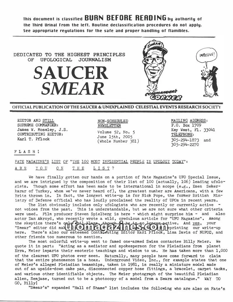 Cover of OFFICIAL PUBLICATION OF THE SAUCER & UNEXPLAINED CELESTIAL EVENTS RESEARCH SOCIETY issue Volume 52, No. 5 (Whole Number 381): SAUCER SMEAR