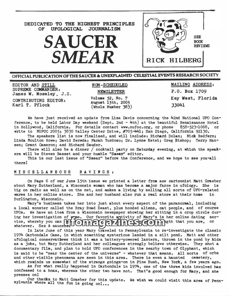 Cover of SAUCER & UNEXPLAINED CELESTIAL EVENTS RESEARCH SOCIETY issue Volume 52, No. 7: SAUCER SMEAR