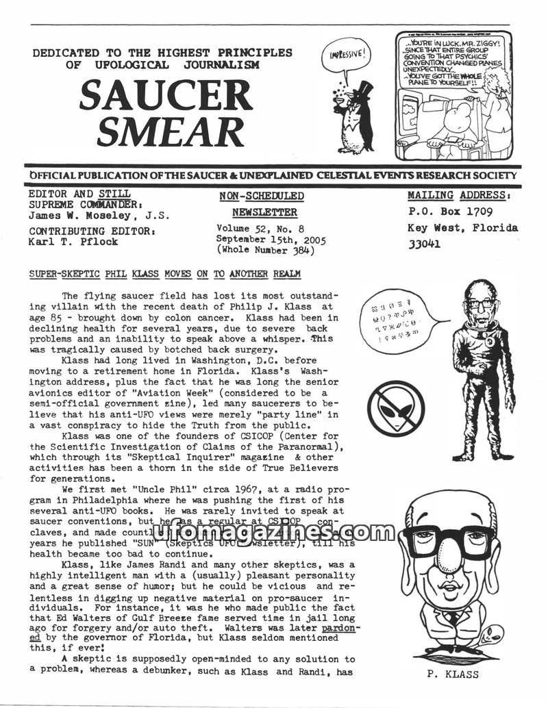 Cover of SAUCER & UNEXPLAINED CELESTIAL EVENTS RESEARCH SOCIETY issue Volume 52, No. 8: SAUCER SMEAR
