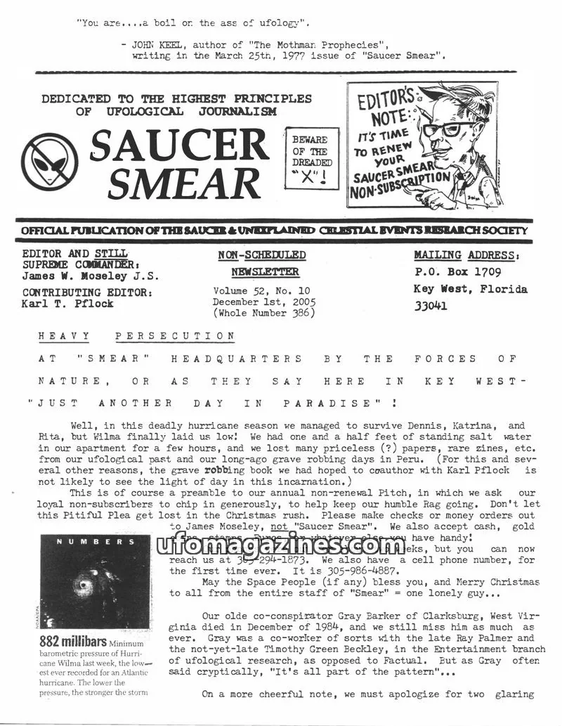Cover of Saucer & Unexplained Celestial Events Research Society issue Volume 52, No. 10: Saucer Smear