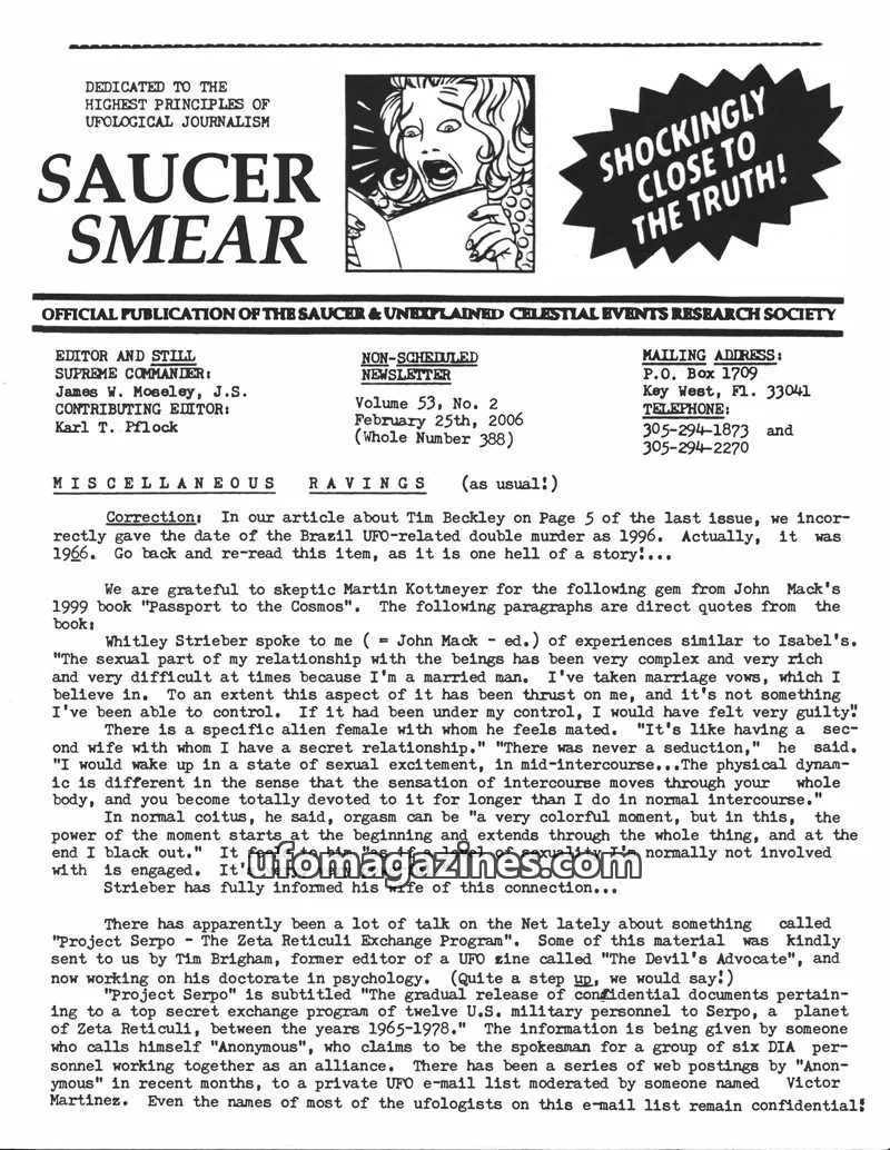 Cover of SAUCER & UNEXPLAINED CELESTIAL EVENTS RESEARCH SOCIETY issue Volume 53, No. 2: SAUCER SMEAR