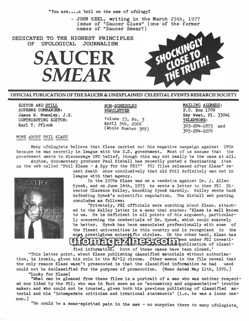 Cover of The Saucer & Unexplained Celestial Events Research Society issue Volume 53, No. 3: SAUCER SMEAR