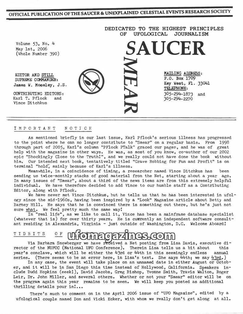 Cover of SAUCER & UNEXPLAINED CELESTIAL EVENTS RESEARCH SOCIETY issue 53, No. 4: SAUCER
