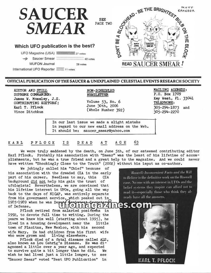 Cover of SAUCER & UNEXPLAINED CELESTIAL EVENTS RESEARCH SOCIETY issue Volume 53, No. 6: SAUCER SMEAR