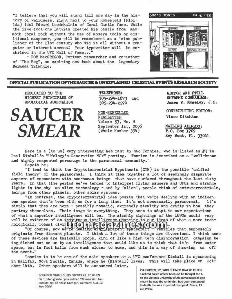 Cover of SAUCER & UNEXPLAINED CELESTIAL EVENTS RESEARCH SOCIETY issue Volume 53, No. 8: SAUCER SMEAR