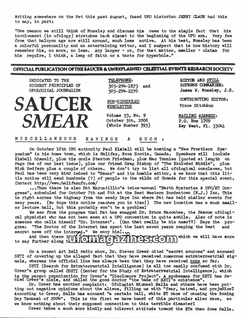 Cover of SAUCER & UNEXPLAINED CELESTIAL EVENTS RESEARCH SOCIETY issue Volume 53, No. 9: SAUCER SMEAR