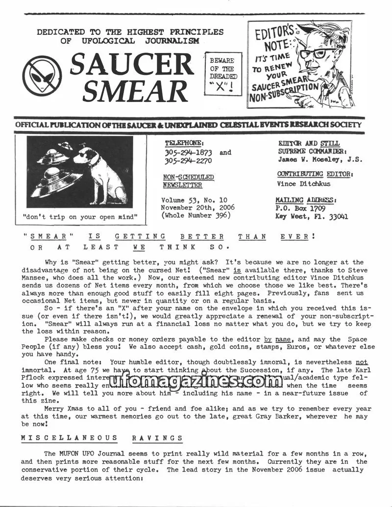 Cover of OFFICIAL PUBLICATION OF THE SAUCER & UNEXPLAINED CELESTIAL EVENTS RESEARCH SOCIETY issue Vol. 53, No. 10: SAUCER SMEAR