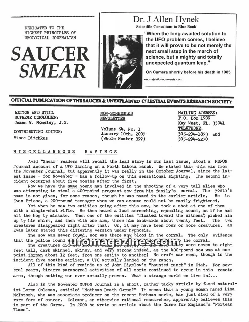 Cover of SAUCER & UNEXPLAINED CELESTIAL EVENTS RESEARCH SOCIETY issue Volume 54, No. 1 (Whole Number 397): SAUCER SMEAR