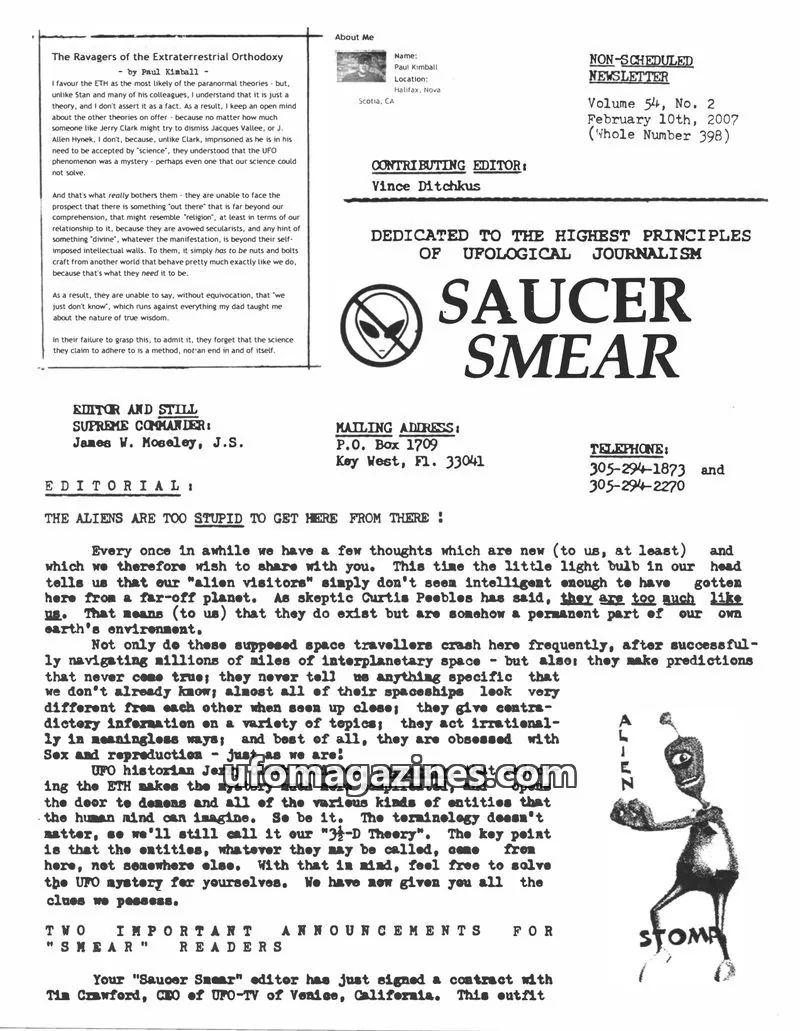 Cover of Saucer Smear (Jim Moseley) issue 54, No. 2: SAUCER SMEAR