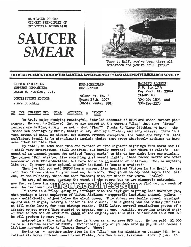 Cover of OFFICIAL PUBLICATION OF THE SAUCER & UNEXPLAINED CELESTIAL EVENTS RESEARCH SOCIETY issue Volume 54, No. 3: SAUCER SMEAR