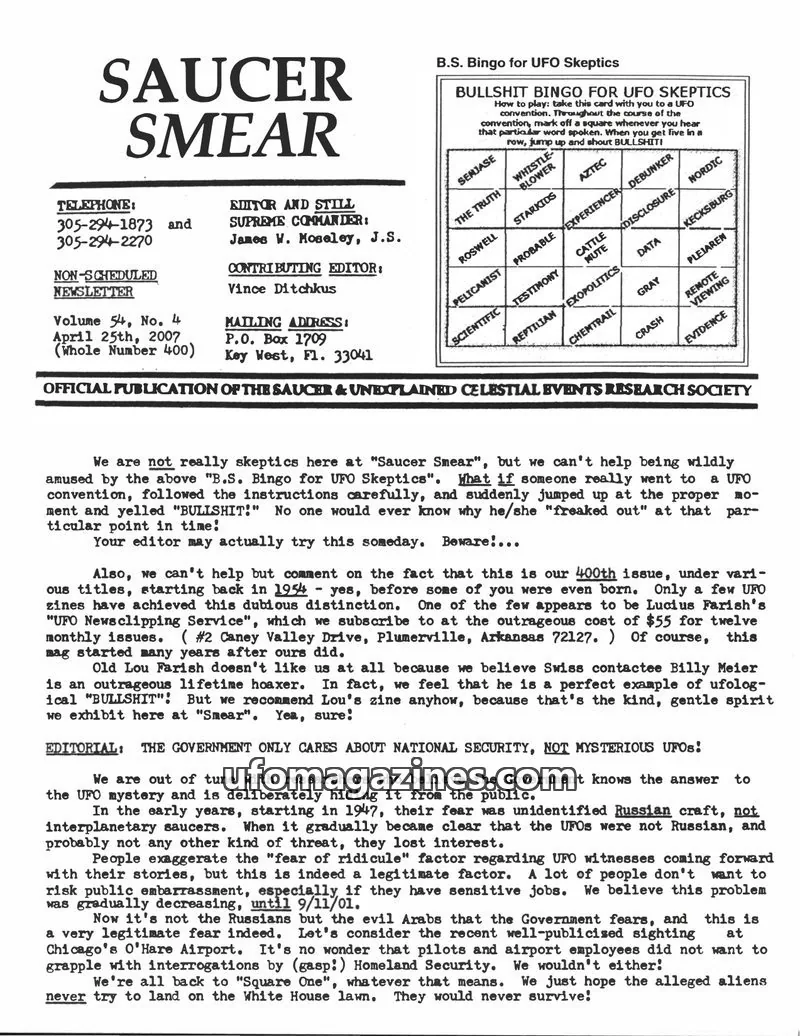 Cover of SAUCER & UNEXPLAINED CELESTIAL EVENTS RESEARCH SOCIETY issue Volume 54, No. 4: SAUCER SMEAR