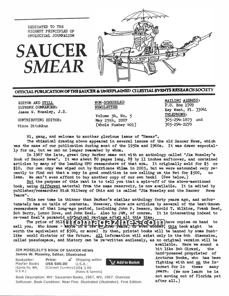 Cover of SAUCER & UNEXPLAINED CELESTIAL EVENTS RESEARCH SOCIETY issue Volume 54, No. 5: SAUCER SMEAR