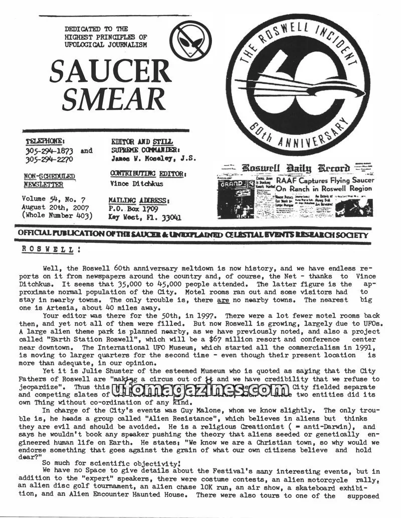 Cover of The Saucer & Unexplained Celestial Events Research Society issue 54, No. 7: Saucer Smear
