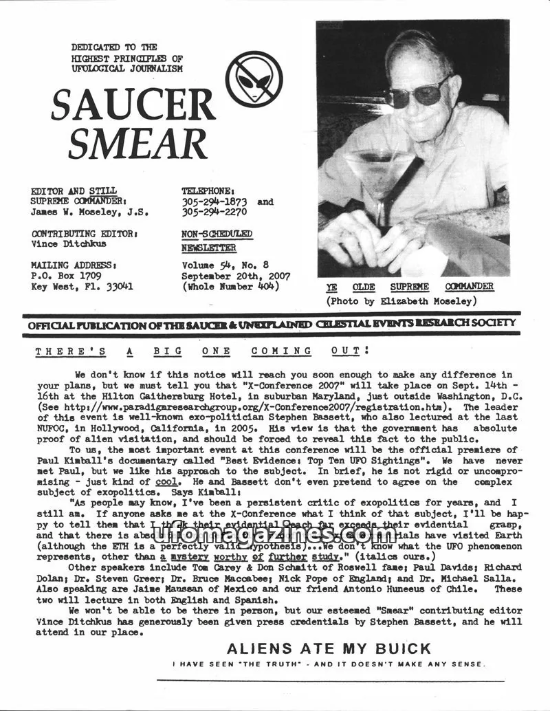 Cover of OFFICIAL PUBLICATION OF THE SAUCER & UNEXPLAINED CELESTIAL EVENTS RESEARCH SOCIETY issue Volume 54, No. 8: SAUCER SMEAR