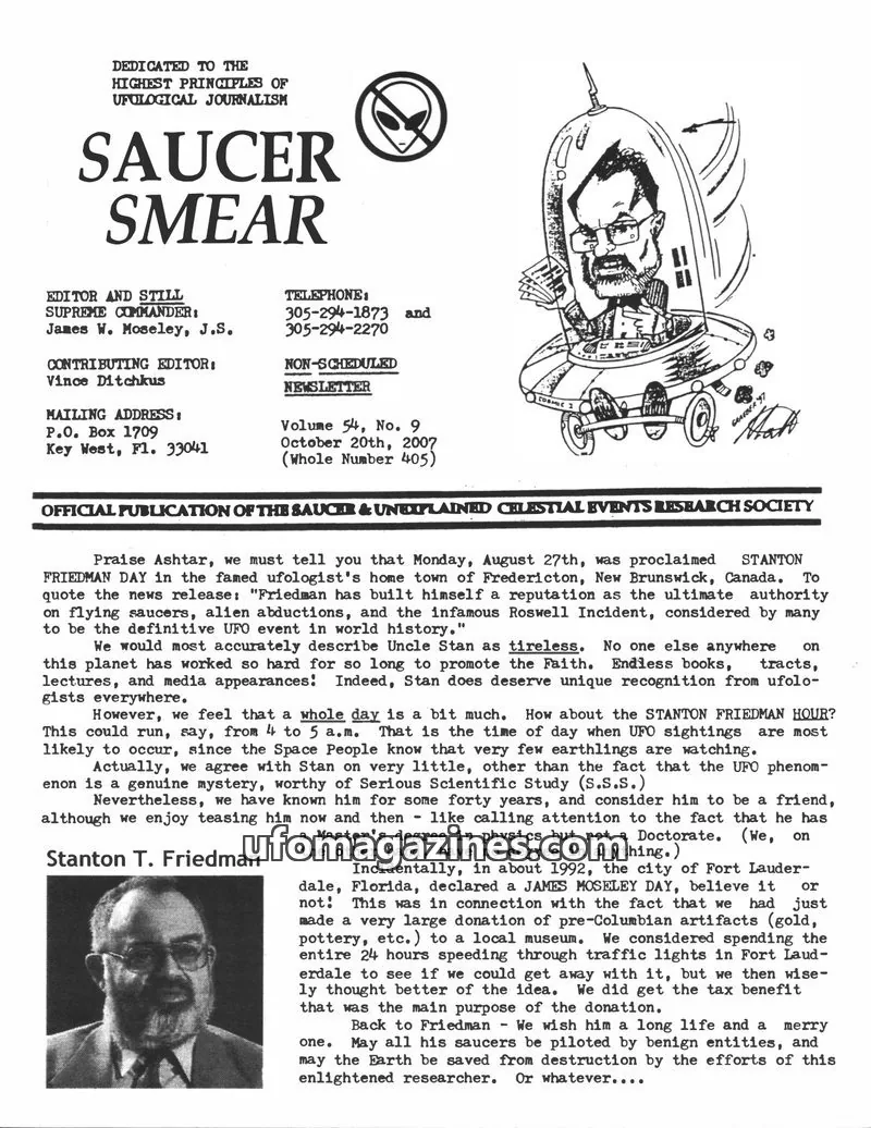 Cover of OFFICIAL PUBLICATION OF THE SAUCER & UNDPLAINED CELESTIAL EVENTS RESEARCH SOCIETY issue Volume 54, No. 9 (Whole Number 405): SAUCER SMEAR