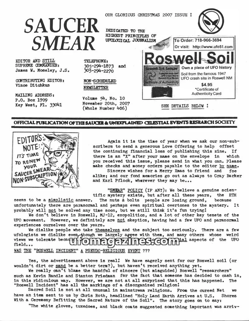 Cover of SAUCER & UNEXPLAINED CELESTIAL EVENTS RESEARCH SOCIETY issue Volume 54, No. 10: SAUCER SMEAR
