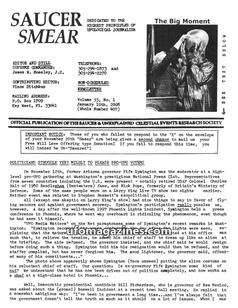 Cover of SAUCER & UNEXPLAINED CELESTIAL EVENTS RESEARCH SOCIETY issue Volume 55, No. 1: SAUCER SMEAR