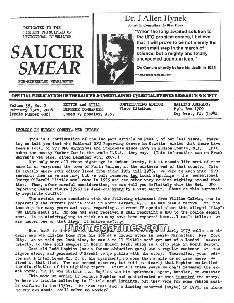 Cover of SAUCER & UNEXPLAINED CELESTIAL EVENTS RESEARCH SOCIETY issue Vol. 55, No. 2: SAUCER SMEAR