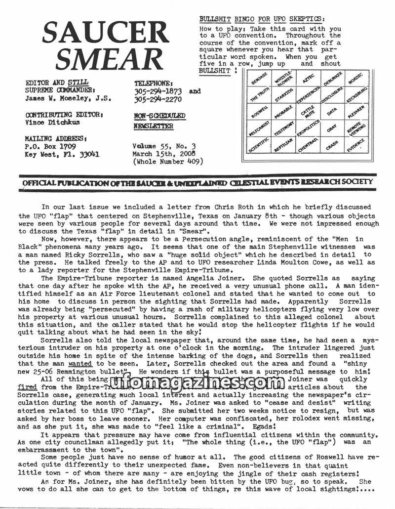 Cover of OFFICIAL PUBLICATION OF THE SAUCER & UNDPLAINED CELESTIAL EVENTS RESEARCH SOCIETY issue Vol. 55, No. 3: SAUCER SMEAR