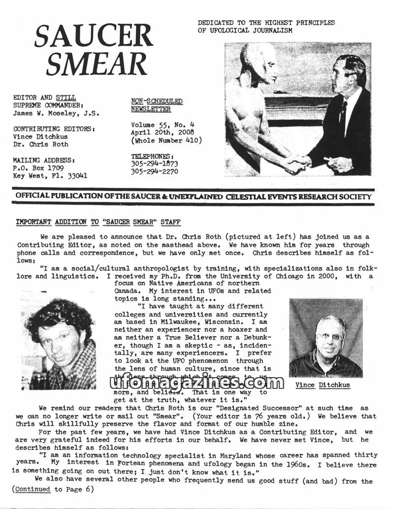 Cover of SAUCER & UNEXPLAINED CELESTIAL EVENTS RESEARCH SOCIETY issue Volume 55, No. 4 (Whole Number 410): SAUCER SMEAR