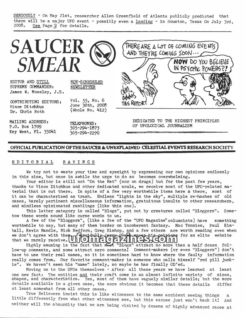 Cover of OFFICIAL PUBLICATION OF THE SAUCER & UNEXPLAINED CELESTIAL EVENTS RESEARCH SOCIETY issue Vol. 55, No. 6: SAUCER SMEAR