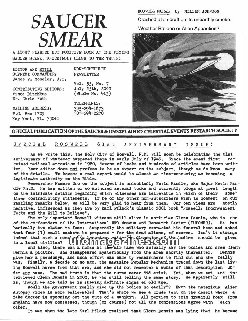 Cover of SAUCER & UNEXPLAINED CELESTIAL EVENTS RESEARCH SOCIETY issue Vol. 55, No. 7: SAUCER SMEAR