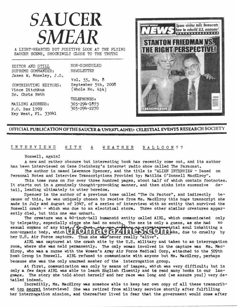 Cover of OFFICIAL PUBLICATION OF THE SAUCER & UNEXPLAINED CELESTIAL EVENTS RESEARCH SOCIETY issue Vol. 55, No. 8: SAUCER SMEAR