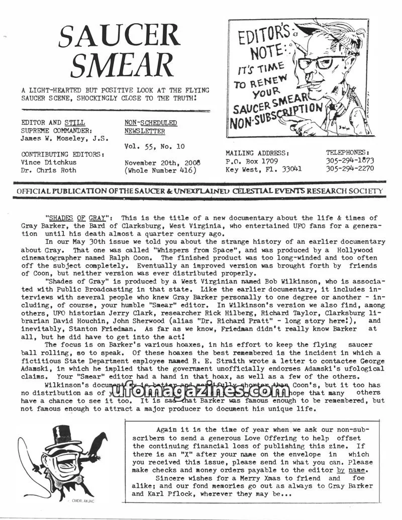 Cover of OFFICIAL PUBLICATION OF THE SAUCER & UNEXPLAINED CELESTIAL EVENTS RESEARCH SOCIETY issue 55, No. 10: SAUCER SMEAR