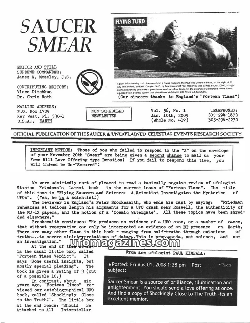 Cover of SAUCER & UNEXPLAINED CELESTIAL EVENTS RESEARCH SOCIETY issue Vol. 56, No. 1 (Whole No. 417): SAUCER SMEAR