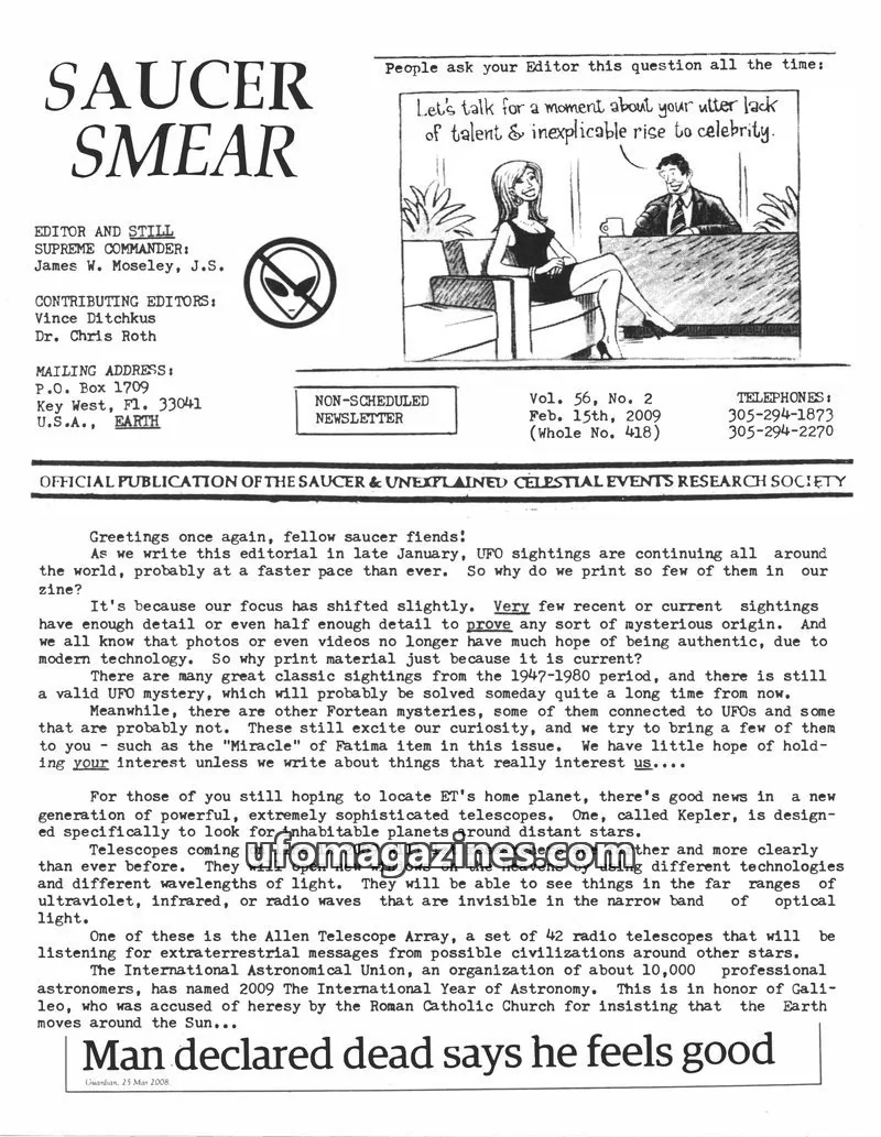 Cover of SAUCER & UNEXPLAINED CELESTIAL EVENTS RESEARCH SOCIETY issue Vol. 56, No. 2: SAUCER SMEAR