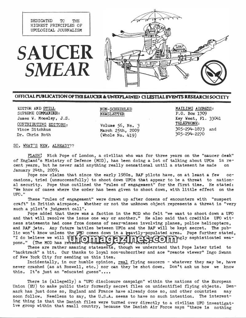 Cover of OFFICIAL PUBLICATION OF THE SAUCER & UNEXPLAINED CELESTIAL EVENTS RESEARCH SOCIETY issue Volume 56, No. 3: SAUCER SMEAR