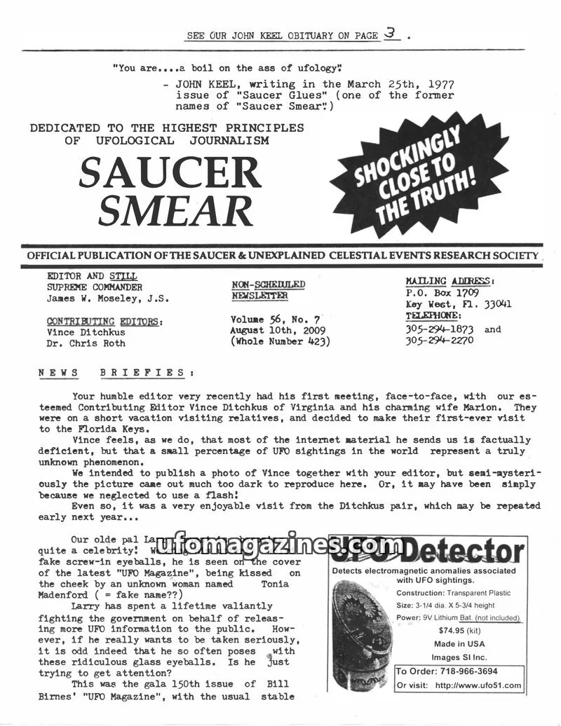 Cover of SAUCER & UNEXPLAINED CELESTIAL EVENTS RESEARCH SOCIETY issue Volume 56, No. 7 (Whole Number 423): SAUCER SMEAR