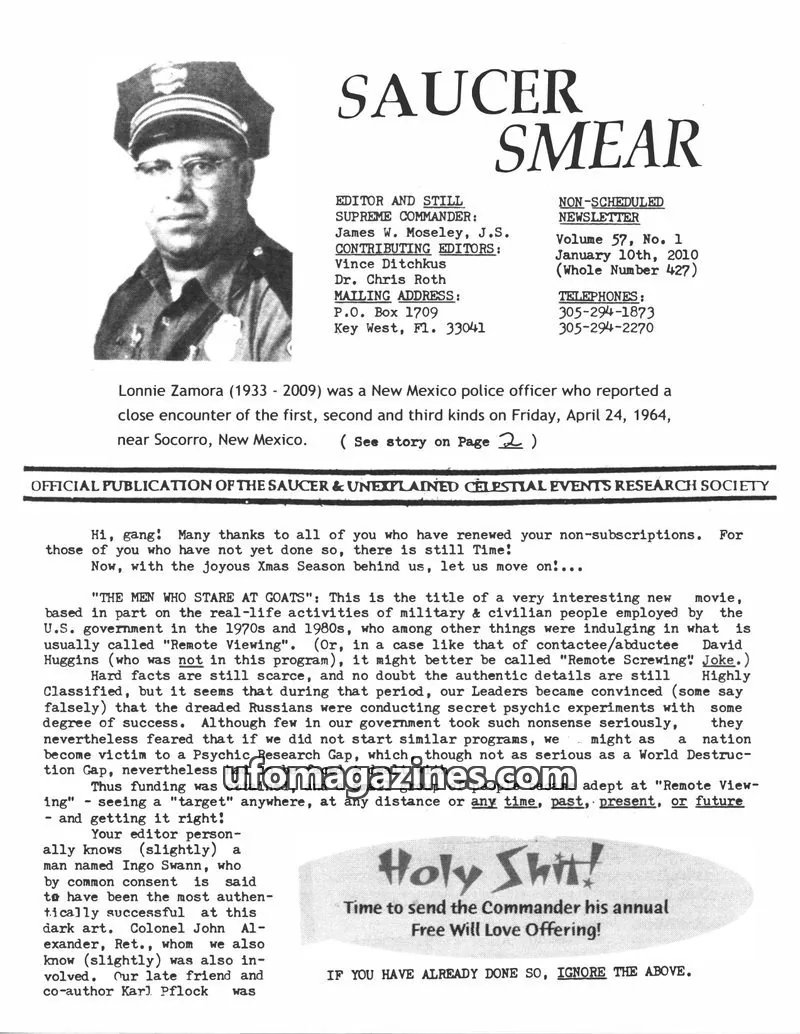 Cover of OFFICIAL PUBLICATION OF THE SAUCER & UNEXPLAINED CELESTIAL EVENTS RESEARCH SOCIETY issue Volume 57, No. 1: SAUCER SMEAR